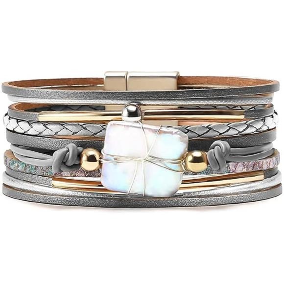 Bracelet for Women, Boho Leather Wrap Multi-Layer Pearl Crystal Bracelet Bangle - Picture 5 of 6